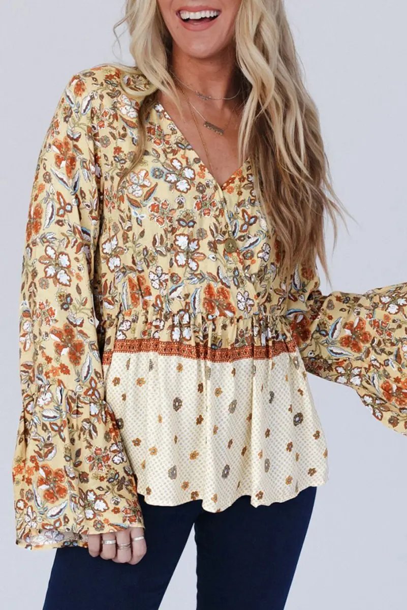 Yellow Printed Floral Bell Sleeve V Neck Wrapped Blouse - Love Salve